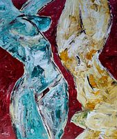 Close-up of two stylized torso forms in turquoise and gold on burgundy background