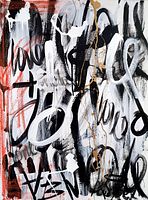 Close-up view showing abstract strokes and colors including black, white, red, and gold with textural details from oil pastels, charcoal, and enamel.