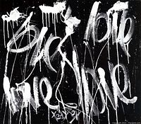 Close-up front-facing image of the painting showing the black canvas with white graffiti-style text and paint drips.