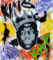 Close-up front view of painting showing stencil portrait and graffiti text.