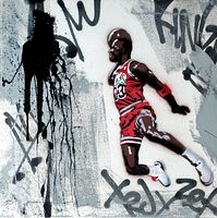 Close-up front view showing stenciled Michael Jordan figure in red jersey over graffiti background