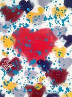 Front view of the painting showing the colorful hearts and blue splatter pattern with artist signature.