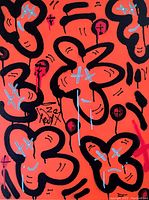 Front view of original painting "Smiles" on orange canvas
