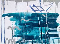 Front view of canvas showing abstract blue and gray wave design with artist signature