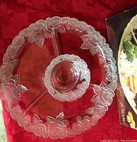 Photo showing the round frosted glass chip and dip set with rose patterns and three divided sections.