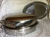 Image of large stainless steel covered roasting pan with domed lid and oval serving platter behind, displayed on patterned white fabric.