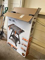 Photo of the Pegasus WX051 sawhorse and work table box, showing product image and branding.