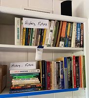 Shelf with paperbacks and hardcovers of history and future theme books, showing a wide range of titles.
