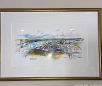 Full view of framed print depicting Naval War College Complex with gold and white frame.