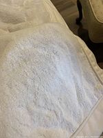 Close-up of one light-colored plush throw blanket showing soft fluffy texture and subtle embossed design.