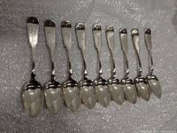 Photo showing nine polished silver spoons laid out in a row on textured foam padding, spoons reflect light and have ornate handles