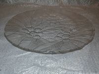 Clear glass serving plate with embossed fruit design shown flat on a surface.