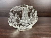 Front view of Walther Glass bud vase showing frosted winter scene with trees, house, bridge, moon, and stars on clear glass.