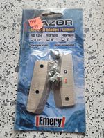 Front of blister pack showing two stainless steel replacement blades for ice auger, model RB124, RB126, RB128. Size 6 inches indicated. Packaged with screws.