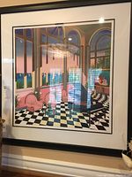 Framed artwork showing interior with arched windows, striped chairs, black grand piano, and checkered floor.