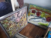 Still life oil painting on canvas with fish, pears, apples, and a green vegetable, unframed or thinly framed