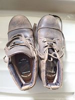 Top view of pair of brown Skechers steel toe shoes with laces untied, showing worn leather and padded collar edges.