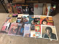 Wide shot of 21 vintage LP record albums with covers visible, arranged side by side and stacked, showing variety of artists and genres.