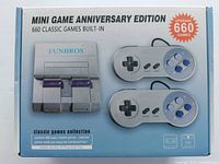 Image of the front of the Funbros Mini Game Anniversary Edition box showing the console and two controllers with details about 660 built-in classic games.