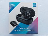 Front of the product box showing true wireless earbuds and charging case image, branding, model CO596A, and bass+ audio logo.
