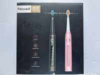 Front of Fairywill D7 dual pack electric toothbrushes box showing black and pink toothbrush images and key features
