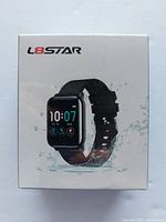 Front of the L8STAR fitness tracker box showing the watch image and branding.