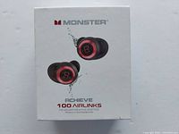 Front view of the white product box showing image of the black and red wireless earbuds labeled Monster Achieve 100 Airlinks.