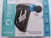 Box front with image of black and blue N•FORCE massage gun and listing features.