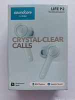 Front of the Soundcore Life P2 Earbuds box showing product image and product name with key features like crystal-clear calls.