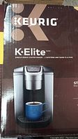 Front of the Keurig K-Elite coffee maker box showing product image and branding.