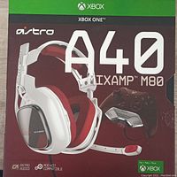 Front of the retail box showing Astro A40 headset image along with MixAmp M80 compatible with Xbox One branding.