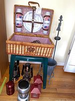 Photo of picnic basket open showing interior with four plastic cups and four plates strapped inside lid, placed on green plastic stool along with battery lanterns and other items on floor
