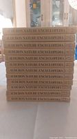 Stack of 10 hardcover volumes of the Audubon Nature Encyclopedia showing titles and volume numbers on the spines.