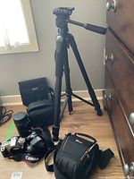 Wide view showing Canon EOS 300 camera with strap, Sony Cybershot camera, Lowepro and Bushnell camera bags, anon camera bag, and tripod.