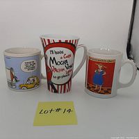 Photo showing all three funny ladies mugs side-by-side with distinct humorous text and colorful illustrations.