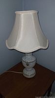 Front and side views of French art glass bedside lamp with fabric shade