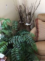 Photo of live and faux ferns next to two woven vases filled with twigs and pine cones beside a couch with a pillow.