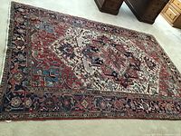 Full view of oriental rug laid on carpeted floor showing central medallion and border