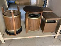Two mid-century style speakers, one round USI SP-20 with wooden legs, other square T.Eaton Viking speaker, both untested without wires.