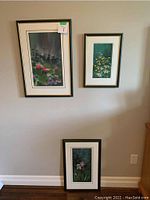 Wide shot showing all three framed floral paintings arranged with two on the wall and one resting below.