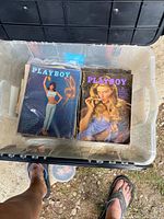 Top view inside plastic bin showing two visible Playboy magazine covers featuring women from vintage issues.