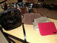Six bags and purses displayed on a surface showing different styles and materials including Gianibernini purse