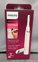 Front view of Philips SatinCompact precision trimmer packaging with product image and branding visible.