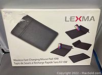 Box front showing Lexma branding and wireless fast charging mouse pad images