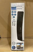 Front view of the Philips Contour HD Series antenna box showing model and features including 4K support and range.