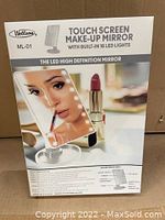 Front view of boxed Wellsoon ML-01 Touch Screen Make-Up Mirror with LED lights, showing product image and description in English.