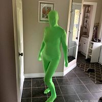 Person wearing a full-body chromakey green spandex onesie covering head, hands, feet, with a visible zipper along the back from waist to head.