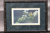 Full view of the framed limited edition print of the Canada Warbler bird on pear blossoms by Robert Bateman, showing frame and art.