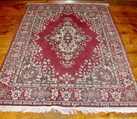 Front view of vintage Oriental area rug with red central medallion, floral and geometric patterns, and cream-blue borders.