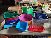 Photo showing assorted plastic trays, baskets, and bins in multiple colors and sizes on a table surface.